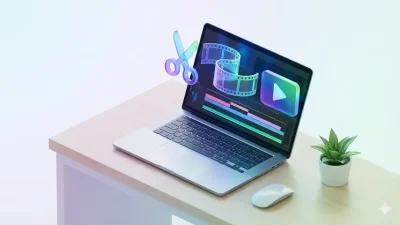 3D illustration of a laptop with floating video editing icons and film strips representing digital content creation tools