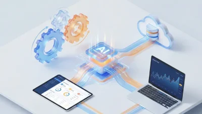 Isometric illustration showing an automated AI-driven business workflow connecting CRM, finance, and data systems for operational efficiency