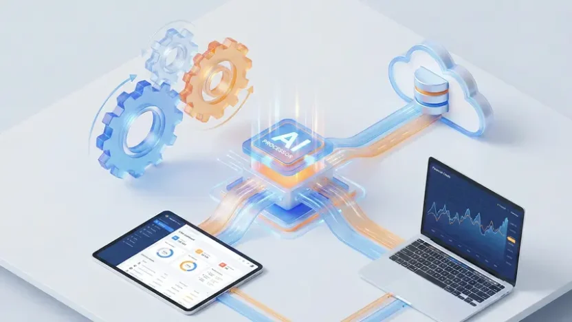 Isometric illustration showing an automated AI-driven business workflow connecting CRM, finance, and data systems for operational efficiency