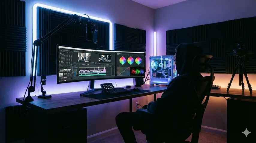 Professional video editing workspace with dual monitors displaying video editing software timelines and color grading tools