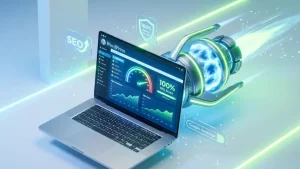 Fastest SEO optimized WordPress themes 2026 concept art with rocket and high speed score indicators