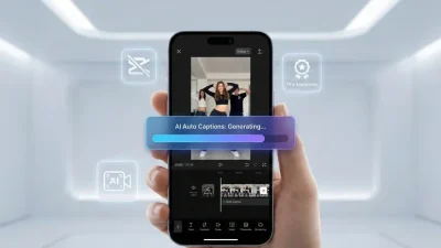 Smartphone screen showing CapCut interface demonstrating the premium AI Auto Captions feature and no watermark option