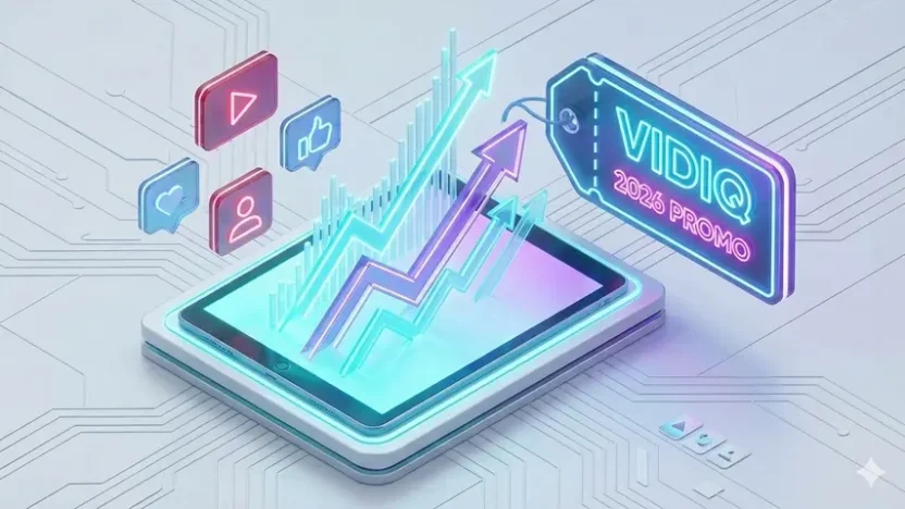 Futuristic 3D illustration showing YouTube growth analytics graphs alongside a VidIQ promo code 2025 discount tag