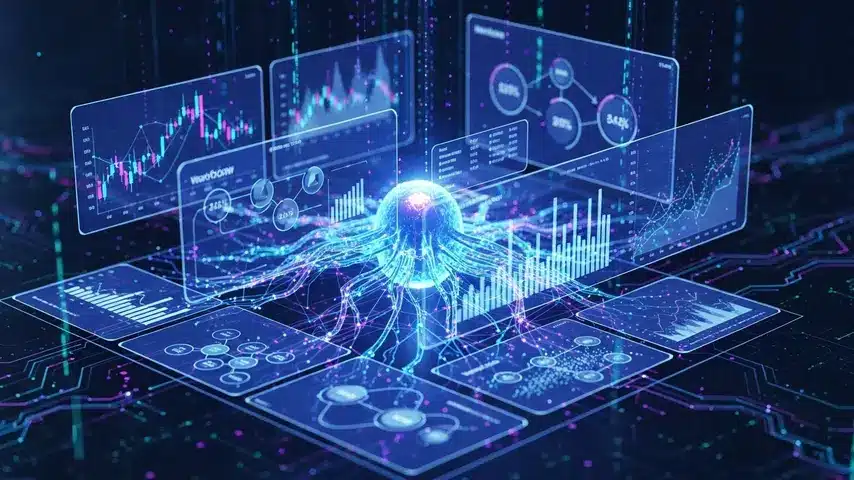 Business Management Software That Drives Real Results in 2026 2 AI business management system analyzing data with predictive analytics and neural network visualization