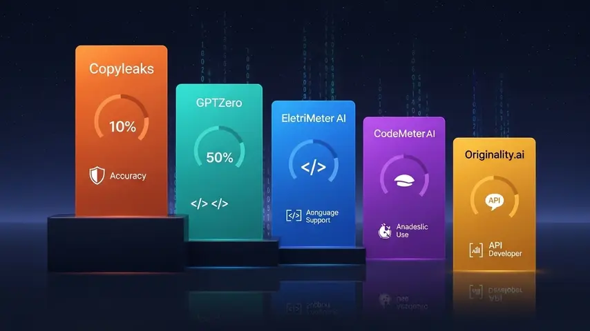 AI Coding Detector 2026 — 7 Tools Tested to Catch AI-Generated Code 2 Top 4 AI coding checker tools compared as professional infographic cards showing accuracy gauges and feature icons for Copyleaks GPTZero CodeMeter AI and Originality.ai