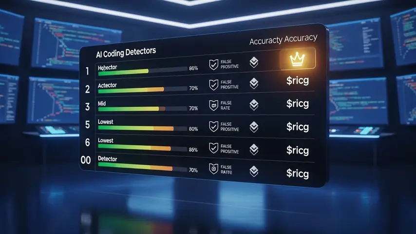 AI Coding Detector 2026 — 7 Tools Tested to Catch AI-Generated Code 4 AI coding leaderboard ranking seven detectors by accuracy with horizontal bar graphs, false positive rates, and language support icons on a holographic esports-style scoreboard in a tech command center