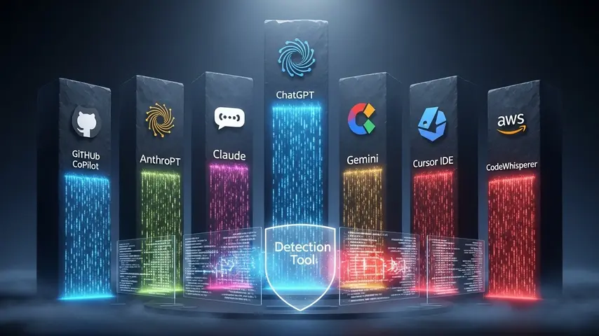 AI Coding Detector 2026 — 7 Tools Tested to Catch AI-Generated Code 3 Major AI coding platforms represented as glowing monolithic pillars generating code streams with detection shield barrier analyzing GitHub Copilot ChatGPT Claude Gemini and Cursor output
