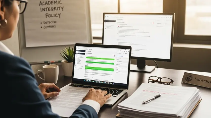 Walter Writes AI Detector — Honest Review & Better Alternatives in 2026 3 AI detector for educators shown in use by a university professor reviewing student essays on laptop with AI detection highlighting and academic integrity whiteboard in background