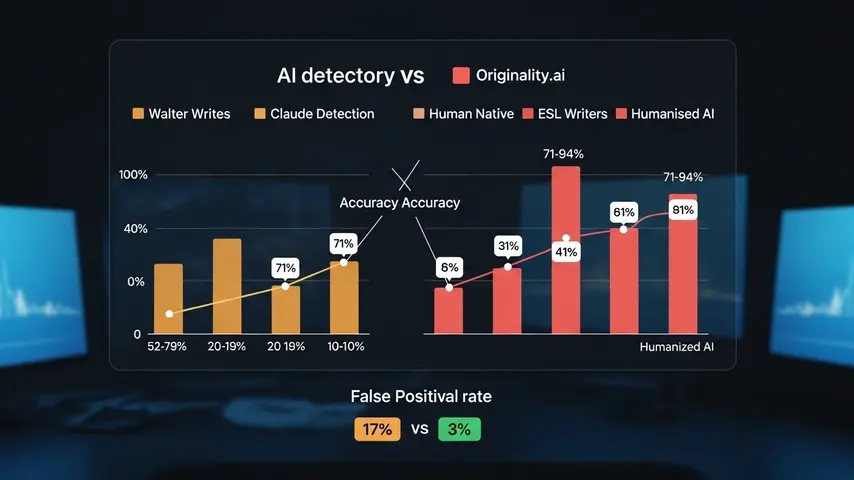 Walter Writes AI Detector — Honest Review & Better Alternatives in 2026 2 AI detector for essay accuracy comparison showing Walter Writes at 52-79% versus Originality.ai at 71-94% across six content categories with false positive rate badges