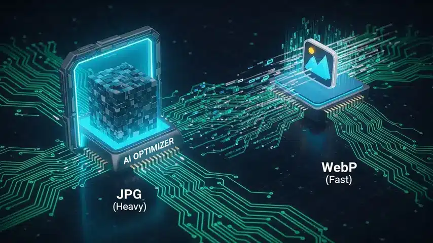 How to Set Featured Image in WordPress (2026 AI Optimization Guide) 3 A conceptual visualization showing a large, heavy image file entering an AI optimization processor and emerging as a fast, lightweight WebP format with speed indicators