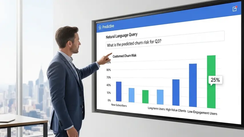 The AI Revolution in Business Management: 2026 Trends & Tool Reviews 3 An executive using an AI-driven decision support system to visualize predictive data instantly, a key aspect of the AI revolution in analytics.