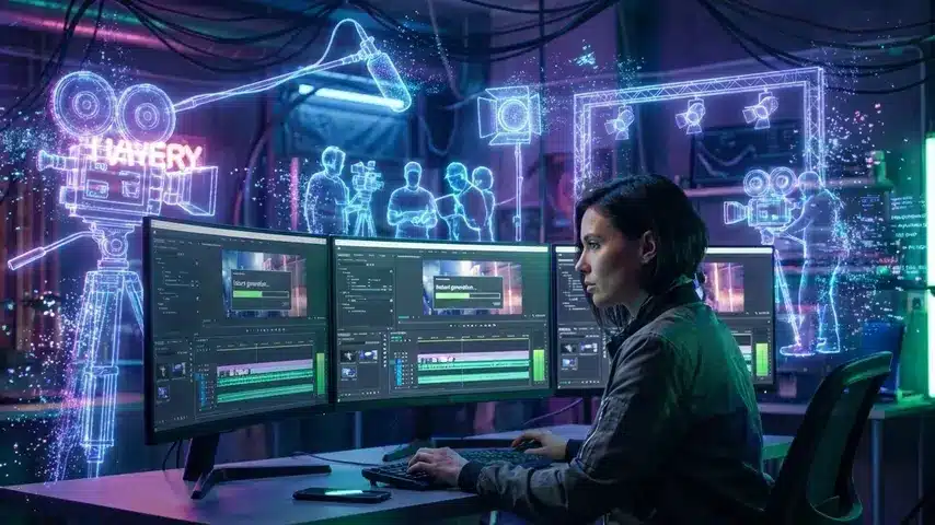 How Startups Leverage AI in 2026 to Disrupt Traditional Business Models 3 A solo startup founder using AI video tools to replace an entire traditional media production crew, demonstrating marketing efficiency