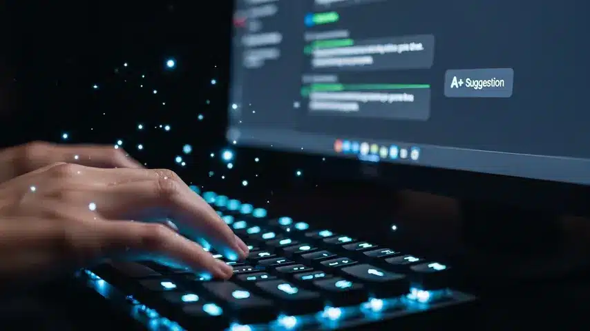 10 Best AI Tools for Students (2026 Free & Paid Guide) 2 Close up of typing on a laptop with an interface showing the best ai tools for student writing and grammar.