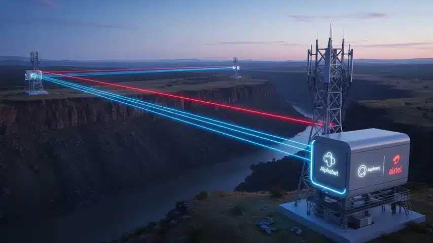 Google's Alphabet & Airtel Bet on Laser Internet (Project Taara News) 2 Futuristic towers demonstrating Alphabet Airtel laser technology beaming high-speed internet service across a remote river canyon to connect rural areas.