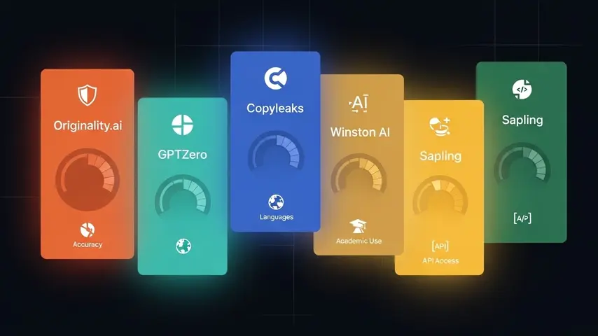 Best AI Detectors in 2026 — 8 Tools Tested With Real Content 2 Top 5 best AI detectors compared as professional infographic cards showing accuracy gauges and feature icons for Originality.ai GPTZero Copyleaks Winston AI and Sapling