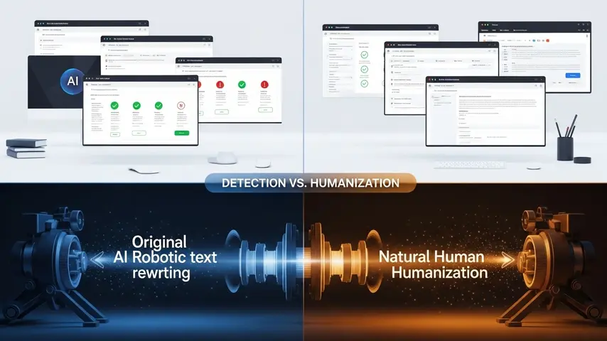 Best AI Detectors in 2026 — 8 Tools Tested With Real Content 3 Best AI detectors free tools shown in top half with scan results alongside best AI humanizer tools transforming text in bottom half showing detection versus humanization contrast