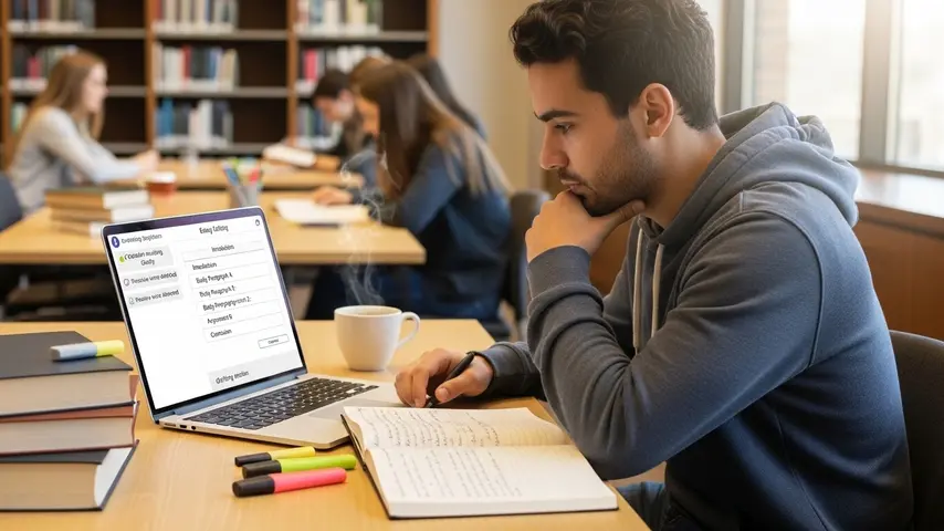 7 Best AI Tools for Writing in 2026 — Tested, Compared & Honestly Reviewed 3 Best AI tools for student writing shown on a laptop screen with grammar suggestions and essay outline in a library setting