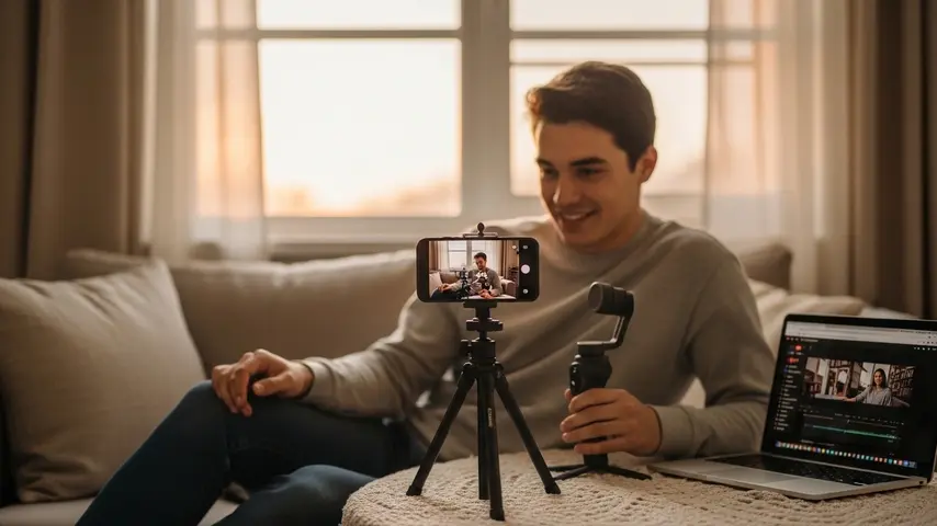 Best Editing Video App for iPhone 2026 — 7 Apps Tested on Real Projects 4 Content creator using the best editing video app for iPhone to edit footage in a cozy window-lit room with laptop showing YouTube upload page