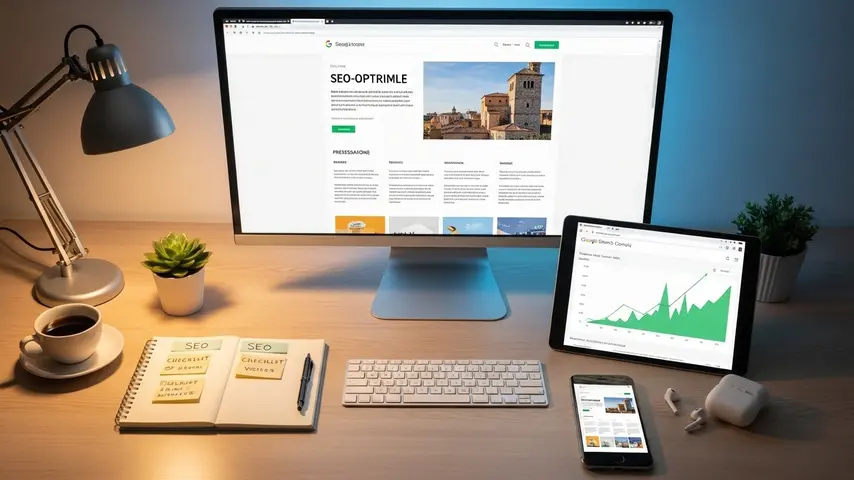 Template Blogspot SEO Friendly — SeoFlex Review: Built for Rankings & Speed 4 Premium blog template SeoFlex displayed on desktop monitor with Google Search Console traffic growth on tablet and mobile responsive view on smartphone in a professional content creator workspace