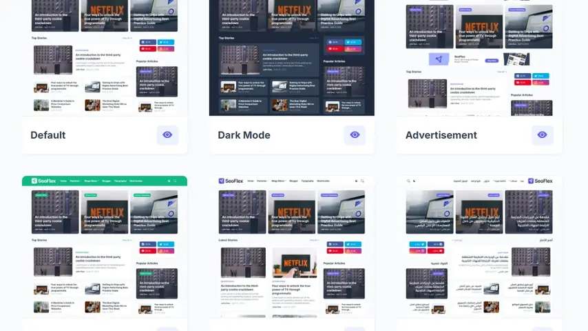 Template Blogspot SEO Friendly — SeoFlex Review: Built for Rankings & Speed 2 Six variants of blogger template SeoFlex including default, dark mode, advertisement, custom, minimal, and RTL support displayed as floating browser windows with unique accent glows