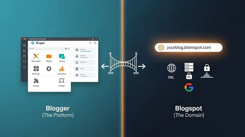 Blogspot Meaning — What It Is & How to Start Your First Blog Step by Step 2 Blogspot meaning explained with split infographic showing Blogger as the content management platform on left and Blogspot as the free domain and hosting on right connected by relationship arrows