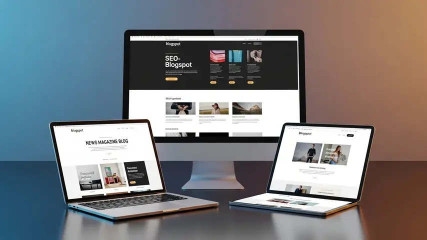 Blogspot Meaning — What It Is & How to Start Your First Blog Step by Step 4 Professional blogspot templates displayed on desktop monitor laptop and tablet showing SEO-optimized, magazine, and minimal blog designs in a premium device showcase arrangement
