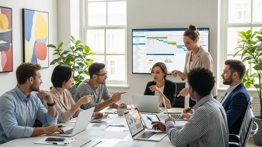 Business Management Software That Drives Real Results in 2026 4 Team collaborating using business management software for project planning and strategy discussion