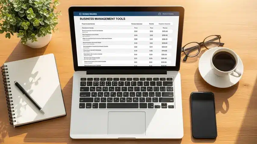 Business Management Software That Drives Real Results in 2026 3 Comparing top business management tools and pricing on a laptop screen in a professional workspace