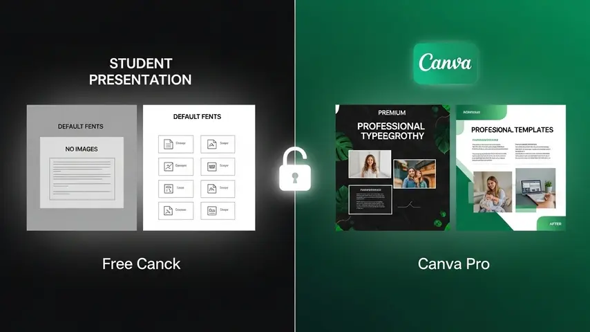 Canva Pro for Students — How to Get Full Access Free in 2026 2 Canva Pro free link comparison showing basic free Canva presentation versus premium Canva Pro student design with unlocked professional features