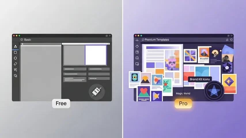 Canva Pro Link 2026 — Get Full Access Free (Limited Slots Available) 2 Canva Pro link free versus premium features comparison showing basic and unlocked pro design workspaces side by side