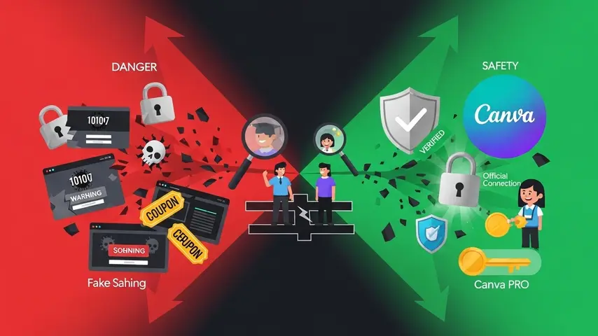 Canva Pro for Students — How to Get Full Access Free in 2026 4 Canva Pro link safety guide showing dangerous fake phishing paths versus legitimate verified Canva Pro for students access with security shields and trust indicators