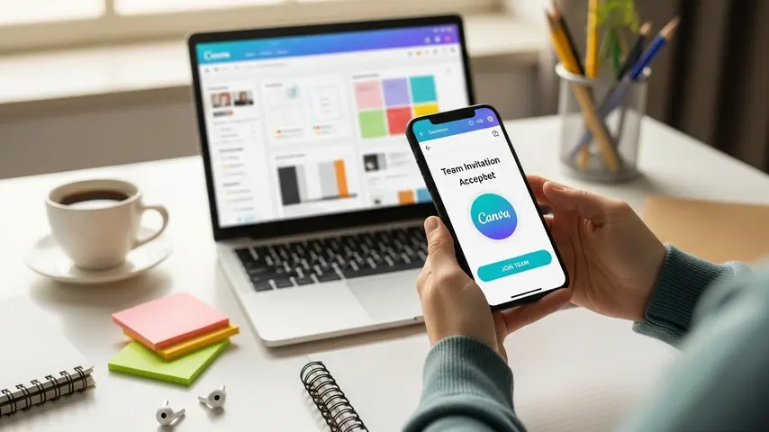 Canva Pro for Students — How to Get Full Access Free in 2026 3 Student joining Canva Pro team invite link on smartphone showing team acceptance page above a study desk with laptop displaying Canva design dashboard