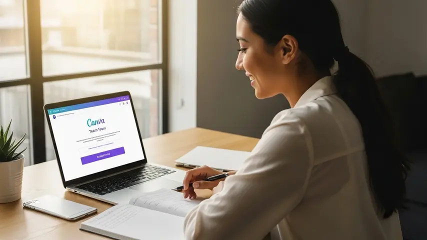 Canva Pro Link 2026 — Get Full Access Free (Limited Slots Available) 3 Student joining Canva Pro team link on laptop screen showing team invitation acceptance page in a bright workspace