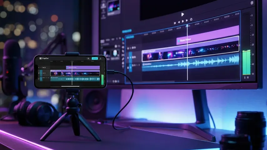CapCut Pro APK vs. Mod: Features, Safety, and Download Guide (2026) 2 Professional mobile content creator setup displaying CapCut video editing timeline on a monitor, illustrating premium capcut pro apk