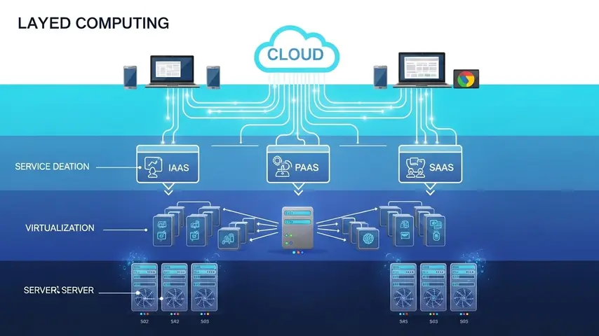 How Cloud Computing Works — A Clear Guide That Actually Makes Sense 2 Cloud computing basics architecture showing four layers from physical data centers through virtualization to IaaS PaaS SaaS service models connected to user devices