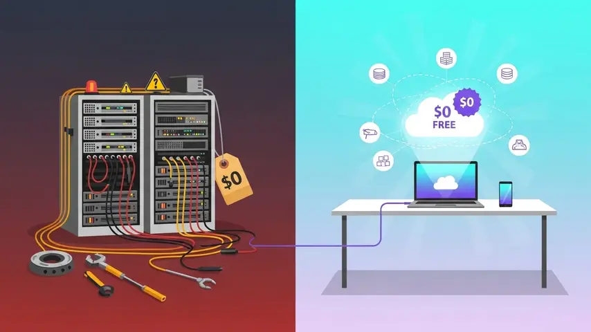 How Cloud Computing Works — A Clear Guide That Actually Makes Sense 4 Cloud computing free versus traditional IT infrastructure comparison showing expensive physical servers on left and free cloud-connected devices with zero cost badge on right