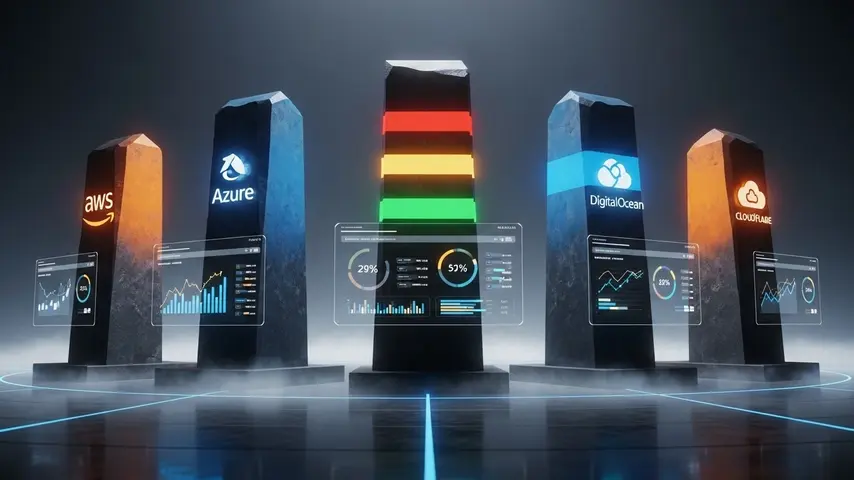 How Cloud Computing Works — A Clear Guide That Actually Makes Sense 3 Major cloud computing providers compared as towering monolithic structures showing AWS Azure Google Cloud DigitalOcean and Cloudflare with market share data