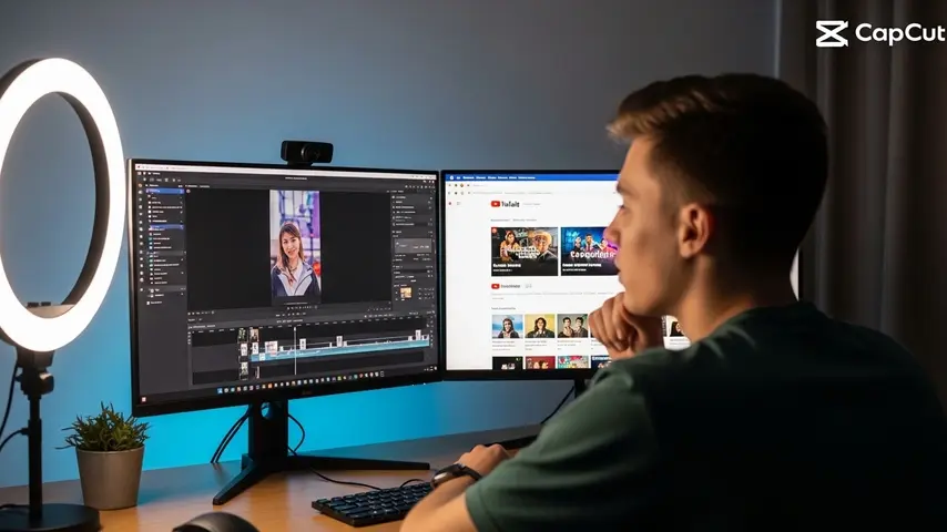 Top 5 Video Editing Programs Free (No Watermark) for 2026 3 A content creator uses CapCut software on a dual-screen computer, an example of using video editing programs free for social media.
