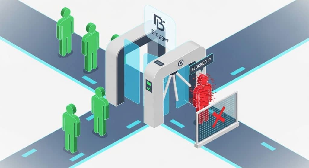 How to Block Specific Blogger IP Address (Simple Script 2026) 3 A visual metaphor of a digital gate that filters visitors and denies access based on the blogger's blocked IP address.
