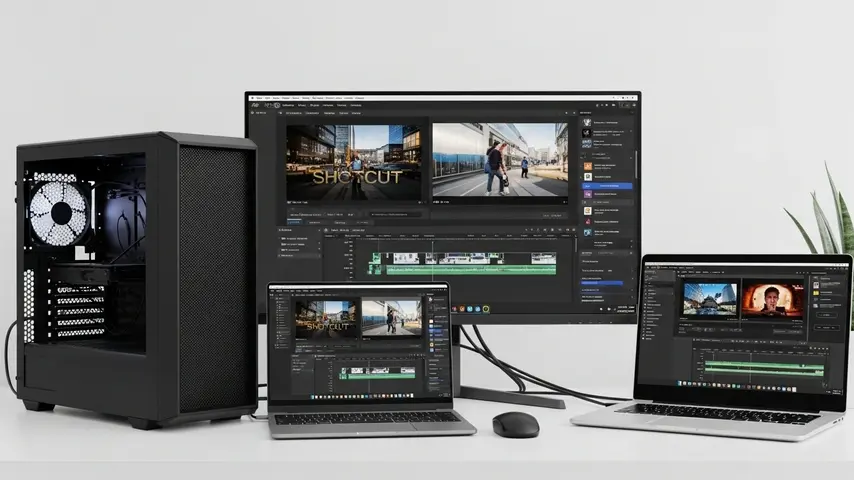 Top 5 Video Editing Programs Free (No Watermark) for 2026 4 Different computer devices display different software interfaces, indicating a wide selection of video editing programs free for all levels.