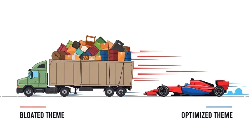 5 Karting Lessons That Mastered My Website Speed Optimization 3 Comparison between bloated theme and fast theme for website speed optimization.