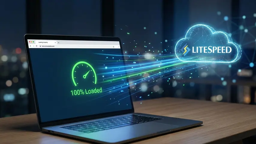 Hostinger Promo Code 2026: Get Up to 90% OFF + Free Domain (Verified) 2 Laptop screen demonstrating instant website loading speeds powered by Hostinger LiteSpeed servers technology.