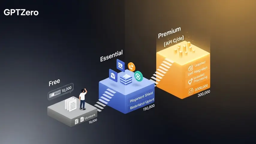 Is GPTZero Accurate? Honest Review After Testing 500+ Documents 3 GPTZero free versus paid plans compared as three ascending platform tiers showing Free with 10K words, Essential with 150K words and batch processing, and Premium with 300K words and full API access