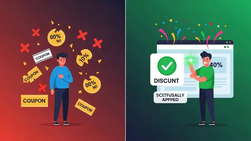 Hostinger Coupon Code for First Time User 2026 — Every Discount Verified 4 Hostinger domain coupon code today comparison showing expired failed codes versus verified working hostinger coupon code for first time user with successful discount applied