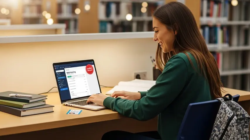 Hostinger Coupon Code for First Time User 2026 — Every Discount Verified 3 Hostinger student discount being claimed by a university student on laptop at a campus library desk with student ID and books visible