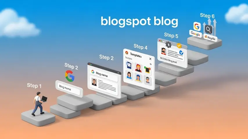 Blogspot Meaning — What It Is & How to Start Your First Blog Step by Step 3 How to start blogspot step by step illustrated as six ascending 3D stepping stones from Google login through template selection to analytics setup with character climbing upward