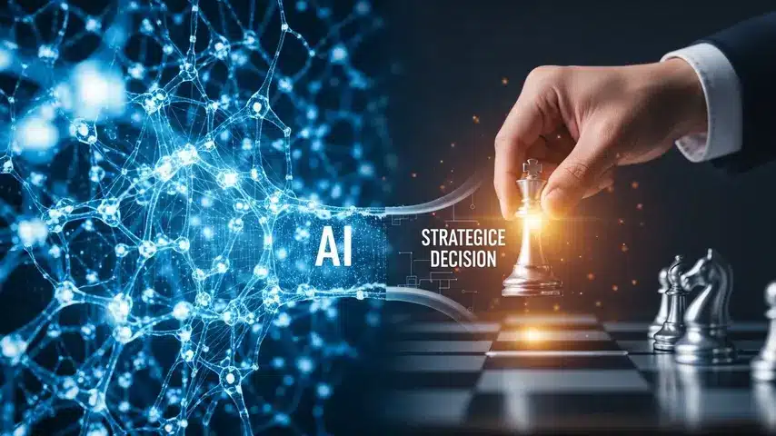 The AI Revolution in Business Management: 2026 Trends & Tool Reviews 4 Conceptual illustration of the human-in-the-loop protocol, balancing strategic human judgment with the processing power of the AI revolution.