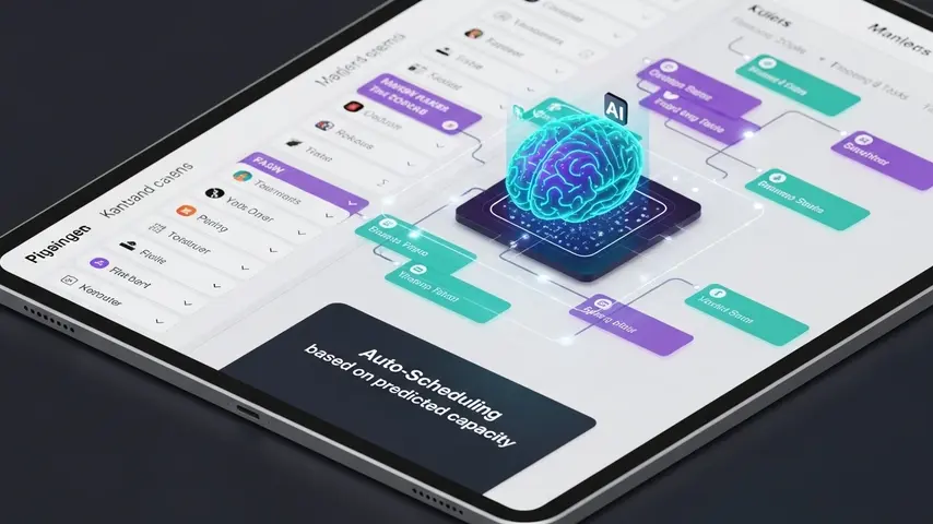 The AI Revolution in Business Management: 2026 Trends & Tool Reviews 2 Isometric view of an intelligent project management interface showing AI revolution tools automatically adjusting team schedules.