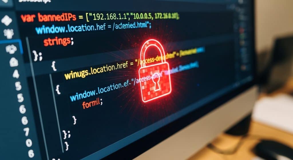 How to Block Specific Blogger IP Address (Simple Script 2026) 2 The monitor screen display shows a snippet of JavaScript code used to filter and block certain blogger IP address.