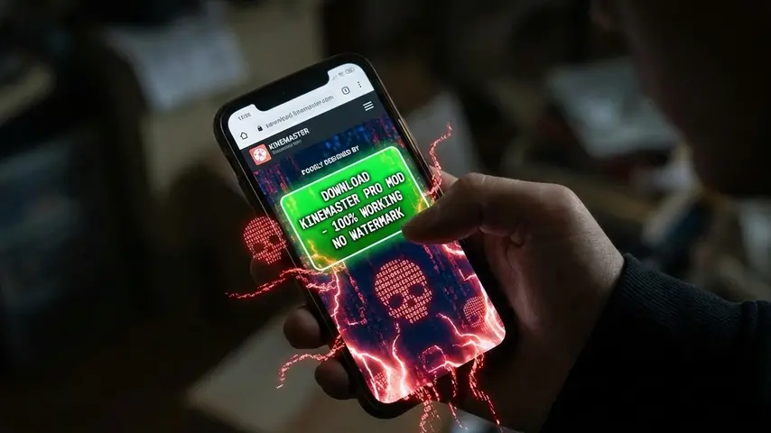 Kinemaster Video Editing in 2026: Is the "Pro Mod APK" Era Over? 2 A smartphone screen displaying a deceptive Kinemaster Mod APK download button revealing hidden spyware and malware risks for Android users.